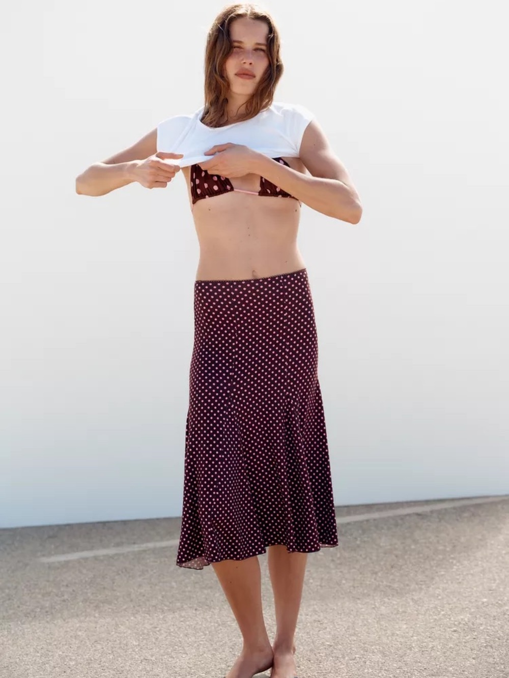 Zara pink and brown polka dot midi skirt
